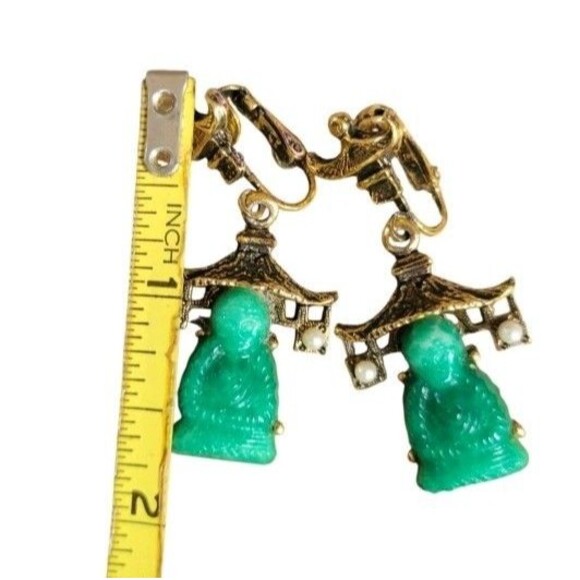 Rare Vintage Ambasador MCM Jadeite Buddha Pagoda Dangle Clip Seed Pearl Earrings - Picture 5 of 6